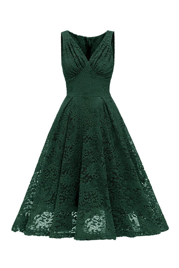 Verde Oscuro A Línea Vestido de Encaje Sin Mangas